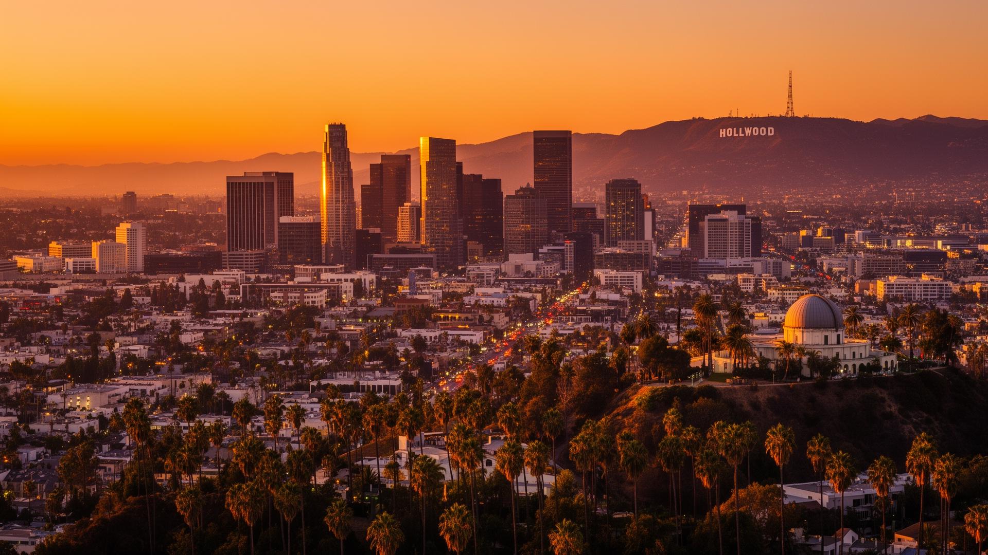 Panoramic view of Los Angeles skyline at golden hour showcasing the vibrant city covered by LA Best Rated